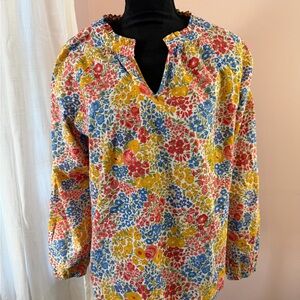 Croft & Barrow Floral V-Neck Tunic Blouse Size M | Yellow Blue Long Sleeve Top